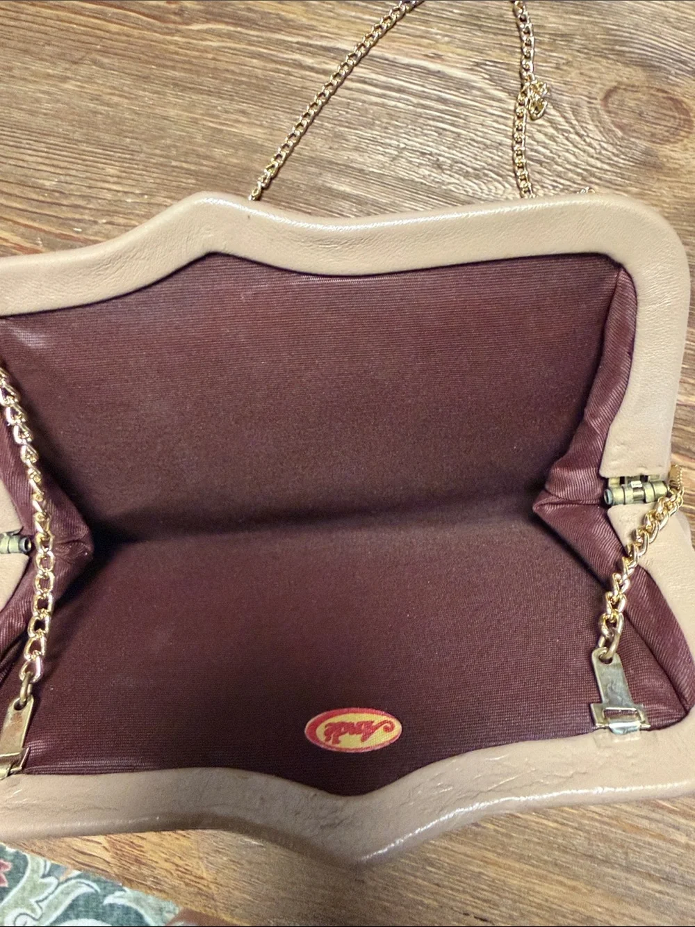 Vintage Beige Leather Chain-Handle Clutch - Women's Evening Wristlet
